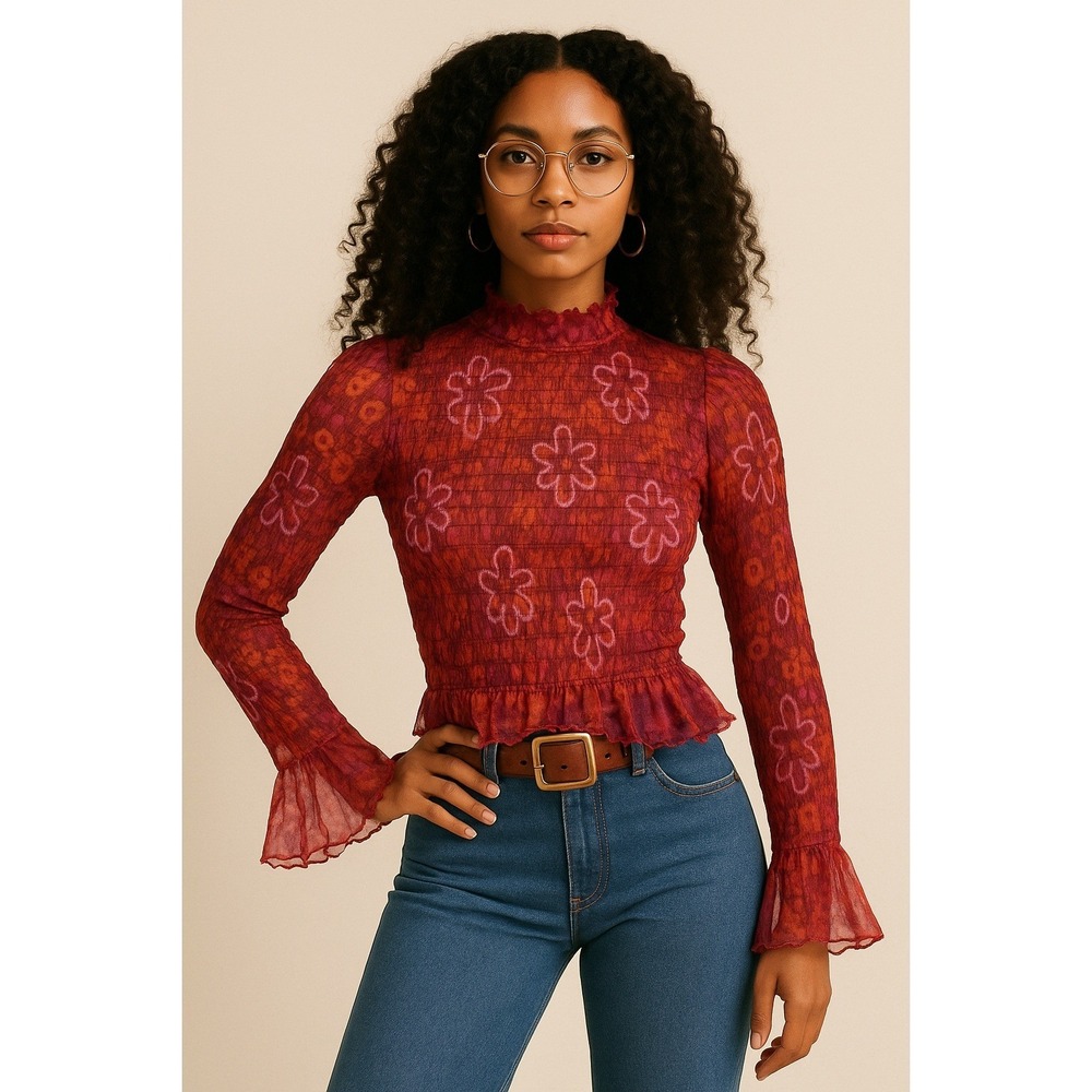 Free People Hello There Mesh Smocked Top Women's XS Whimsical Fairy Festival